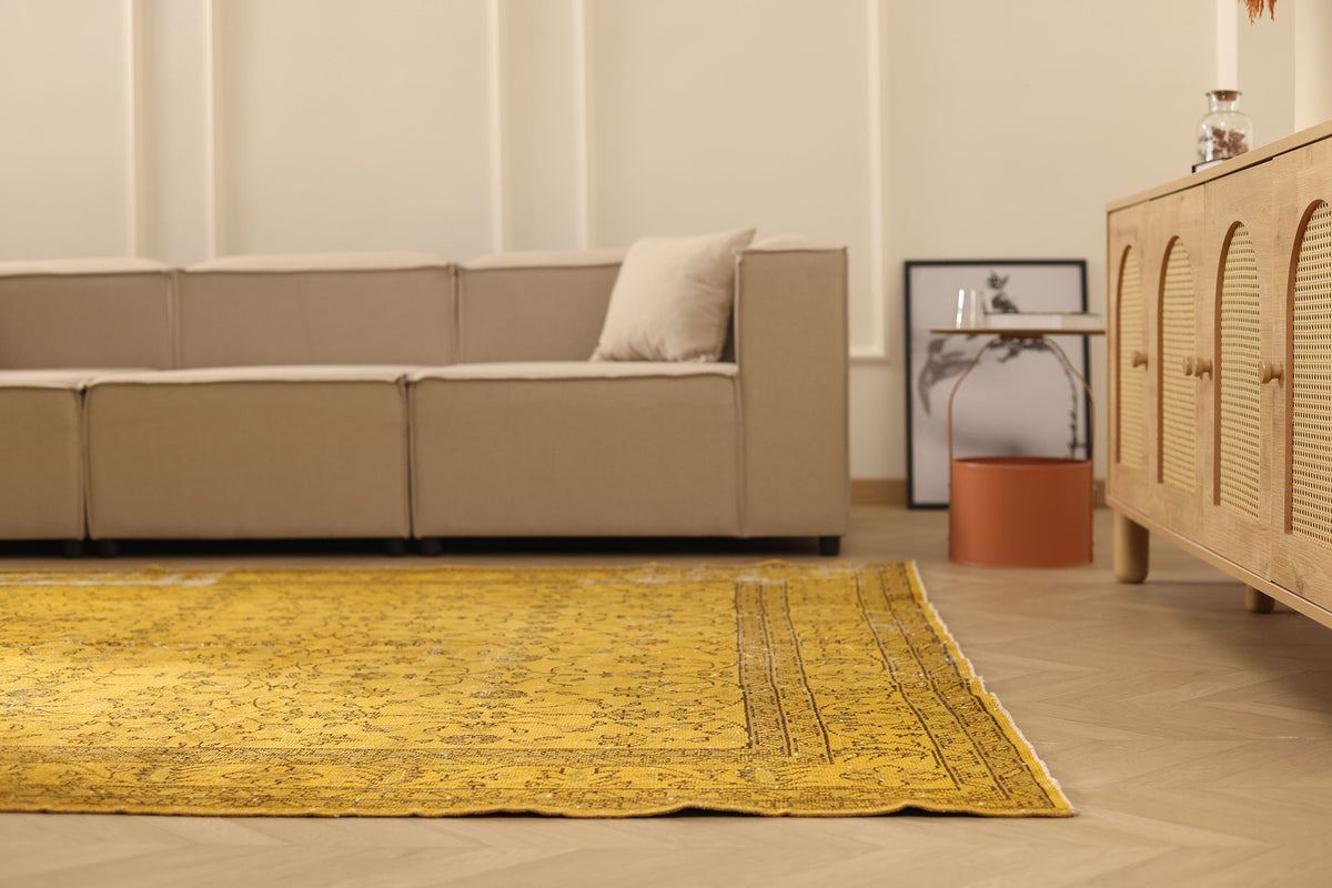 Vintage Isparta Turkish Area Rug 7x10 ft — Yellow & Brown Distressed