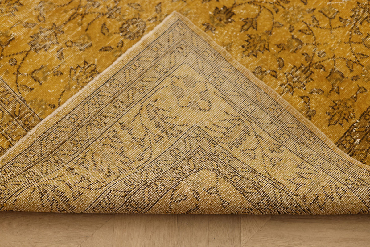 Vintage Isparta Turkish Area Rug 7x10 ft — Yellow & Brown Distressed