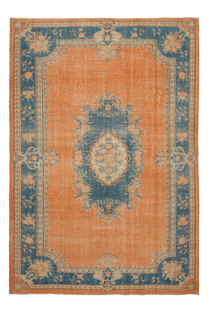 Vintage Isparta Turkish Area Rug 6x10 ft — Orange & Blue Floral (No. 40386)