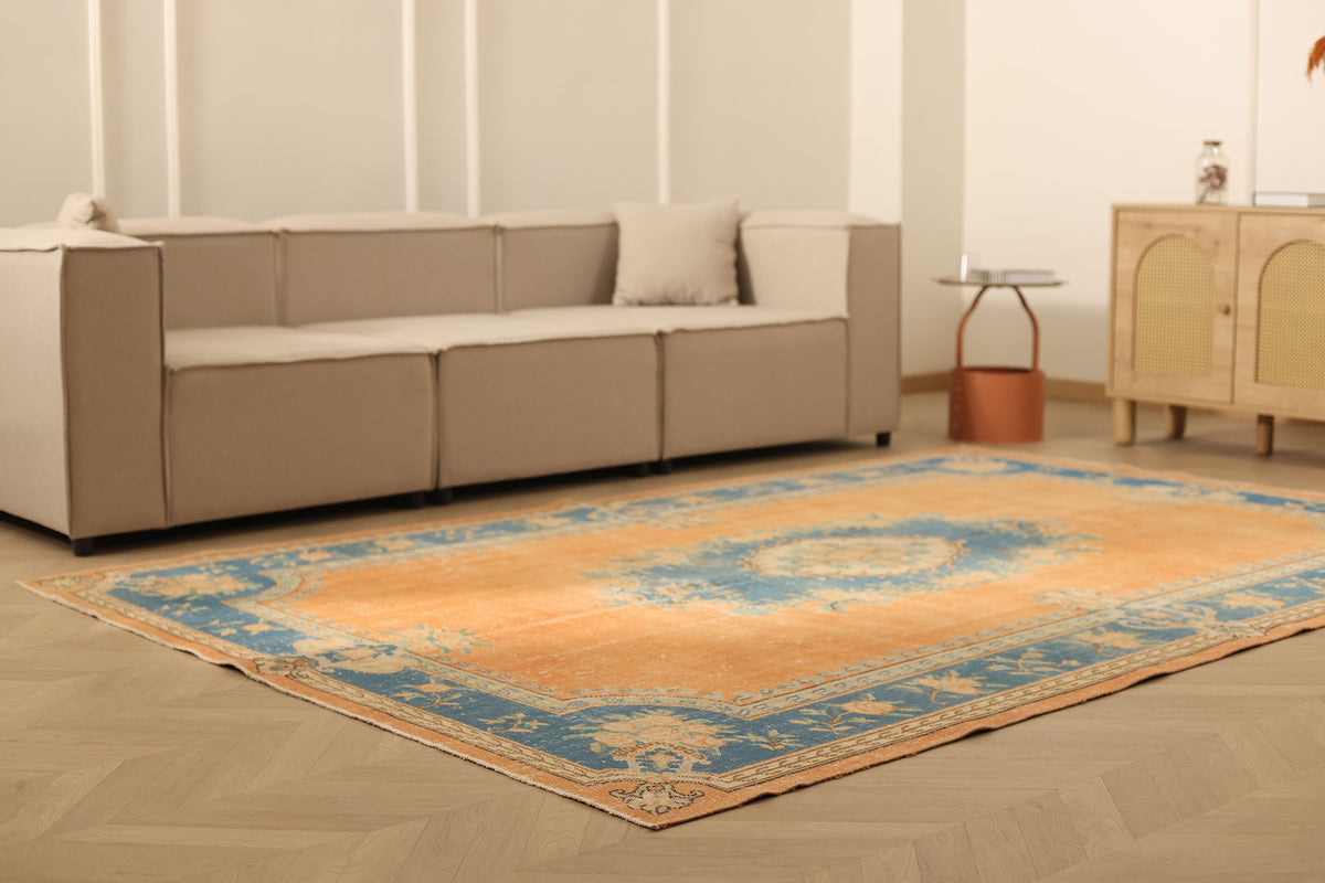 Vintage Isparta Turkish Area Rug 6x10 ft — Orange & Blue Floral (No. 40386)