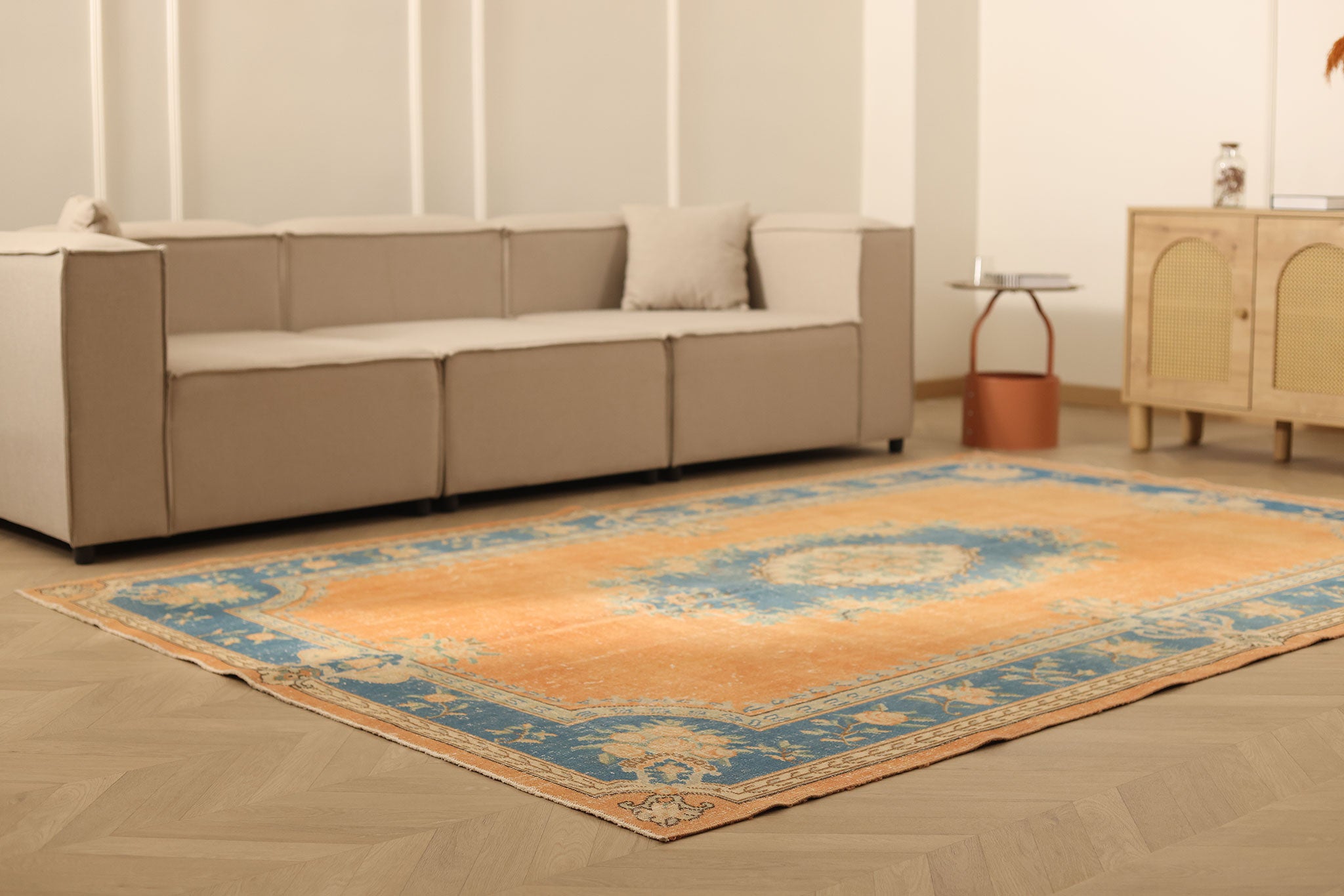 Vintage Isparta Turkish Area Rug 6x10 ft — Orange & Blue Floral (No. 40386)