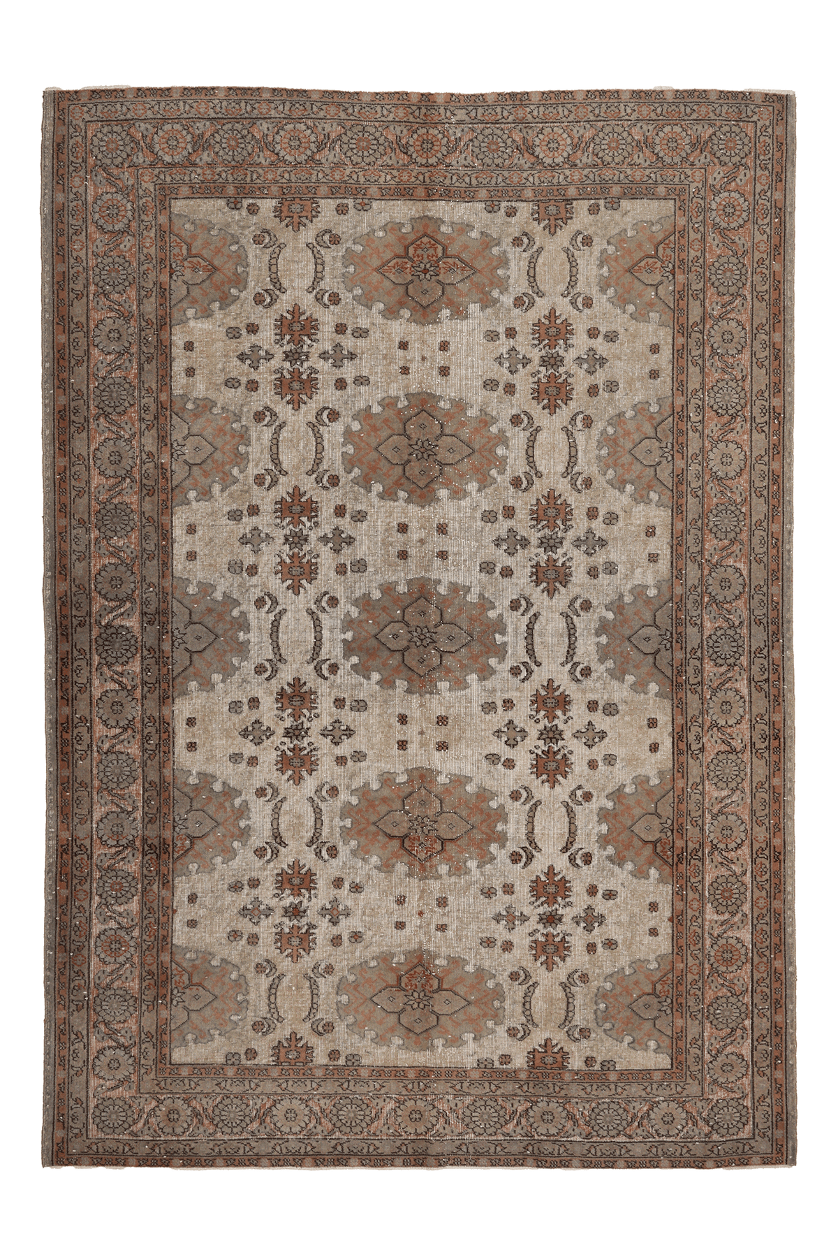Vintage Isparta Turkish Area Rug 6x9 ft — Beige & Brown Floral (No. 40391)