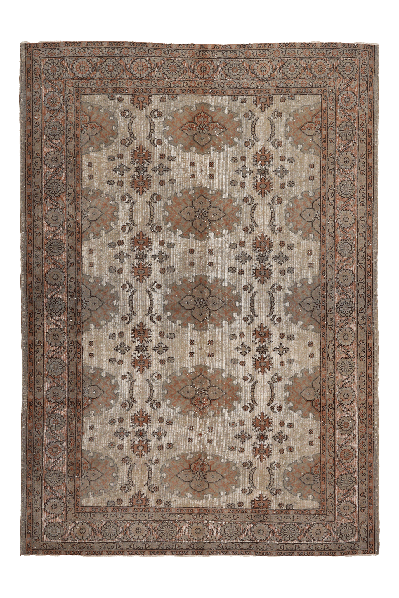 Vintage Isparta Turkish Area Rug 6x9 ft — Beige & Brown Floral (No. 40391)