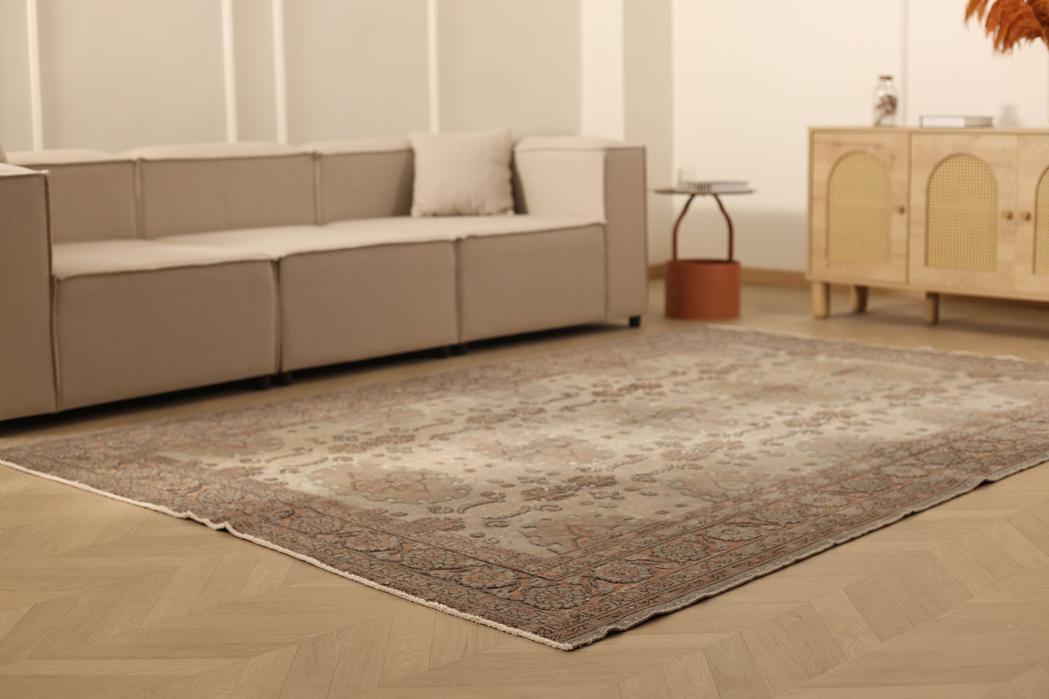 Vintage Isparta Turkish Area Rug 6x9 ft — Beige & Brown Floral (No. 40391)