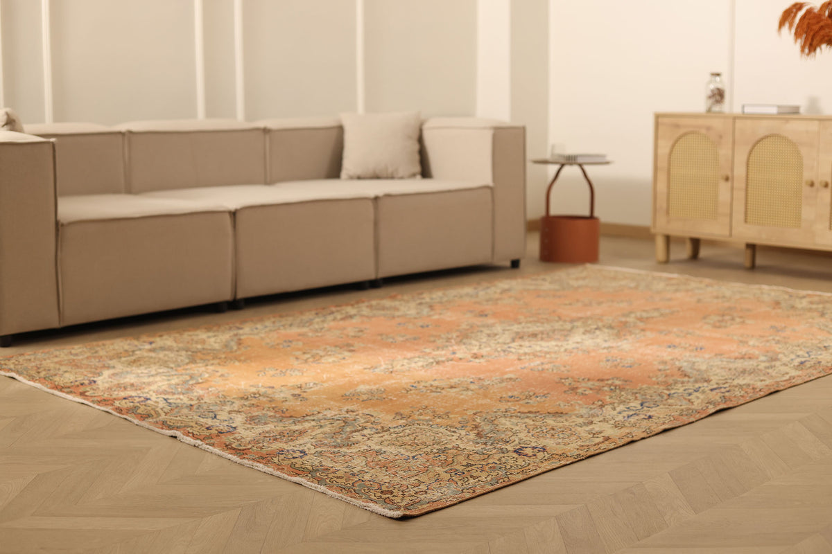 Vintage Isparta Turkish Area Rug 6x10 ft — Orange & Beige Floral (No. 40394)