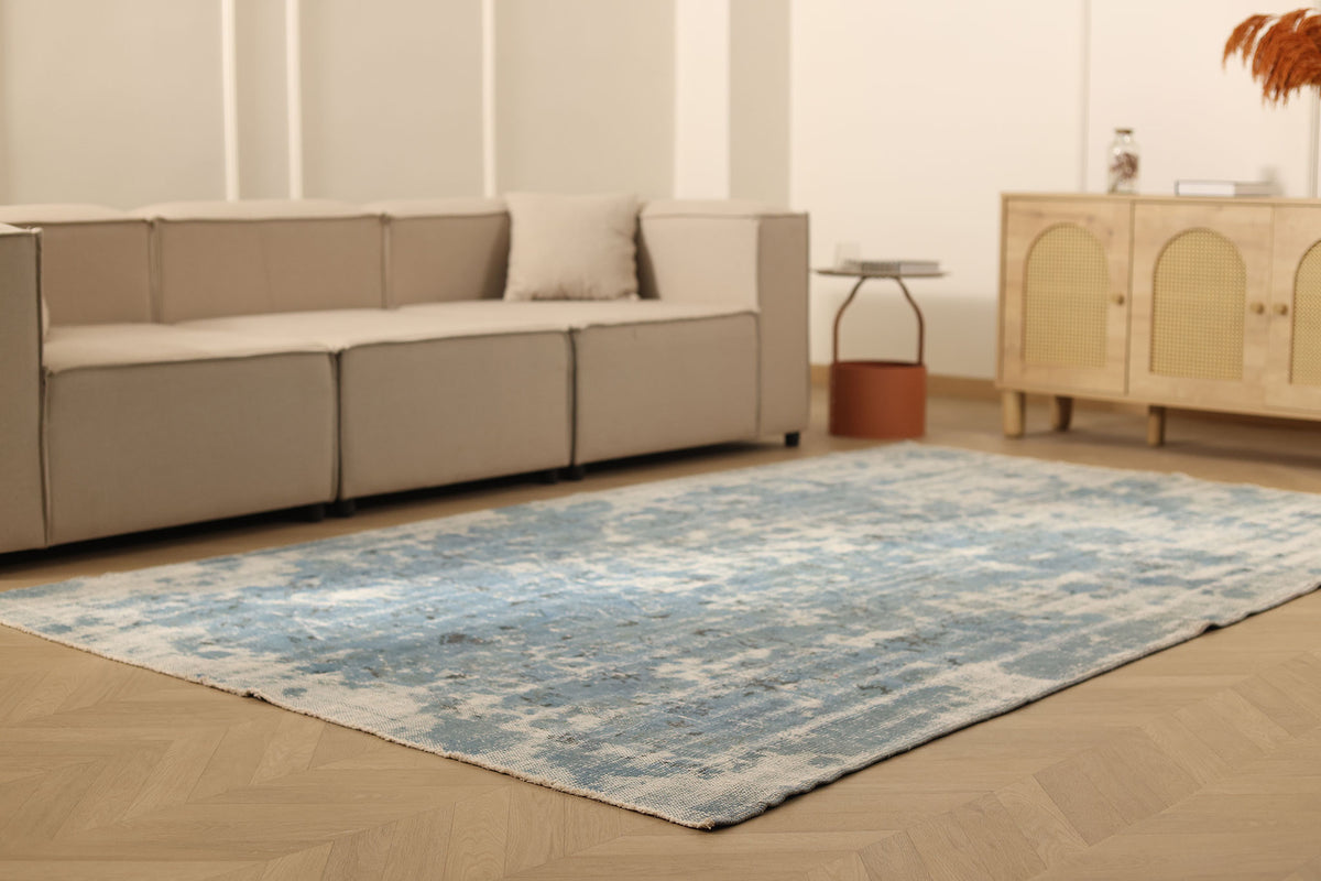 Vintage Manisa Turkish Area Rug 6x9 ft — Blue & Gray Distressed (No. 40395)