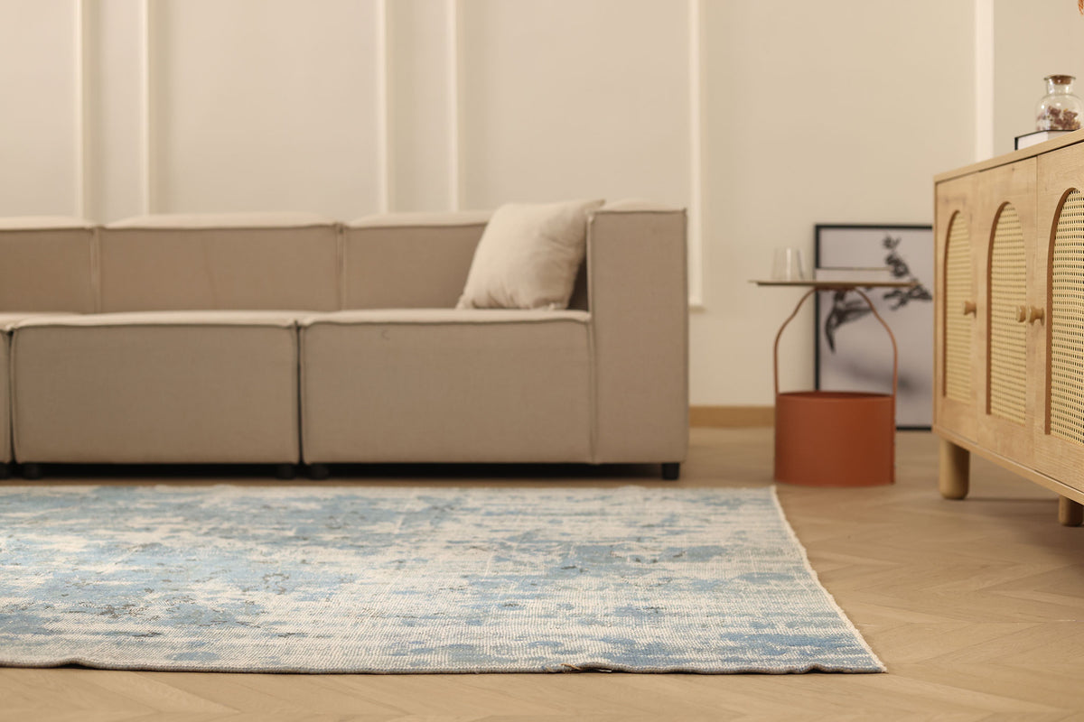Vintage Manisa Turkish Area Rug 6x9 ft — Blue & Gray Distressed (No. 40395)