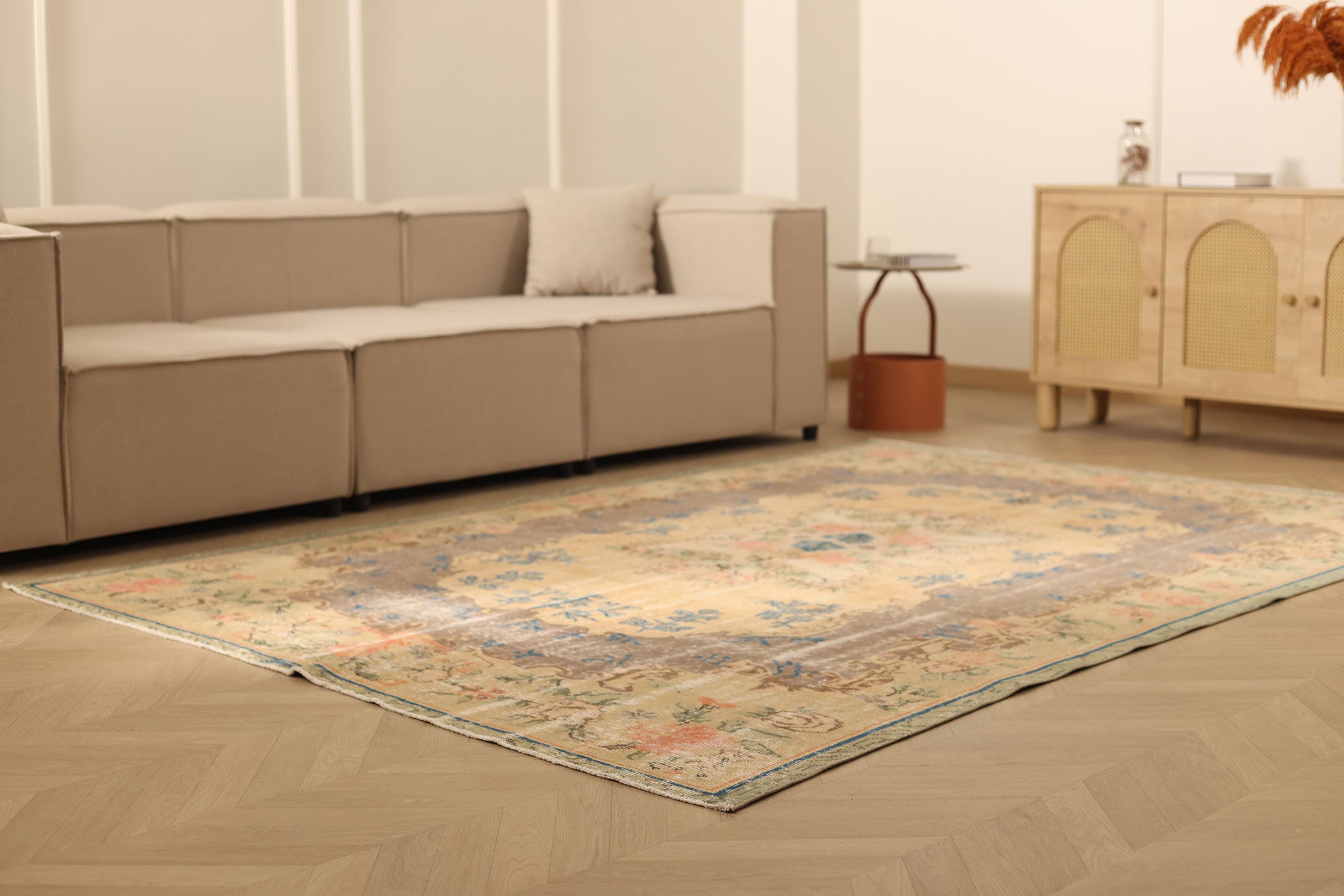 Vintage Isparta Turkish Area Rug 6x9 ft — Beige & Brown Distressed