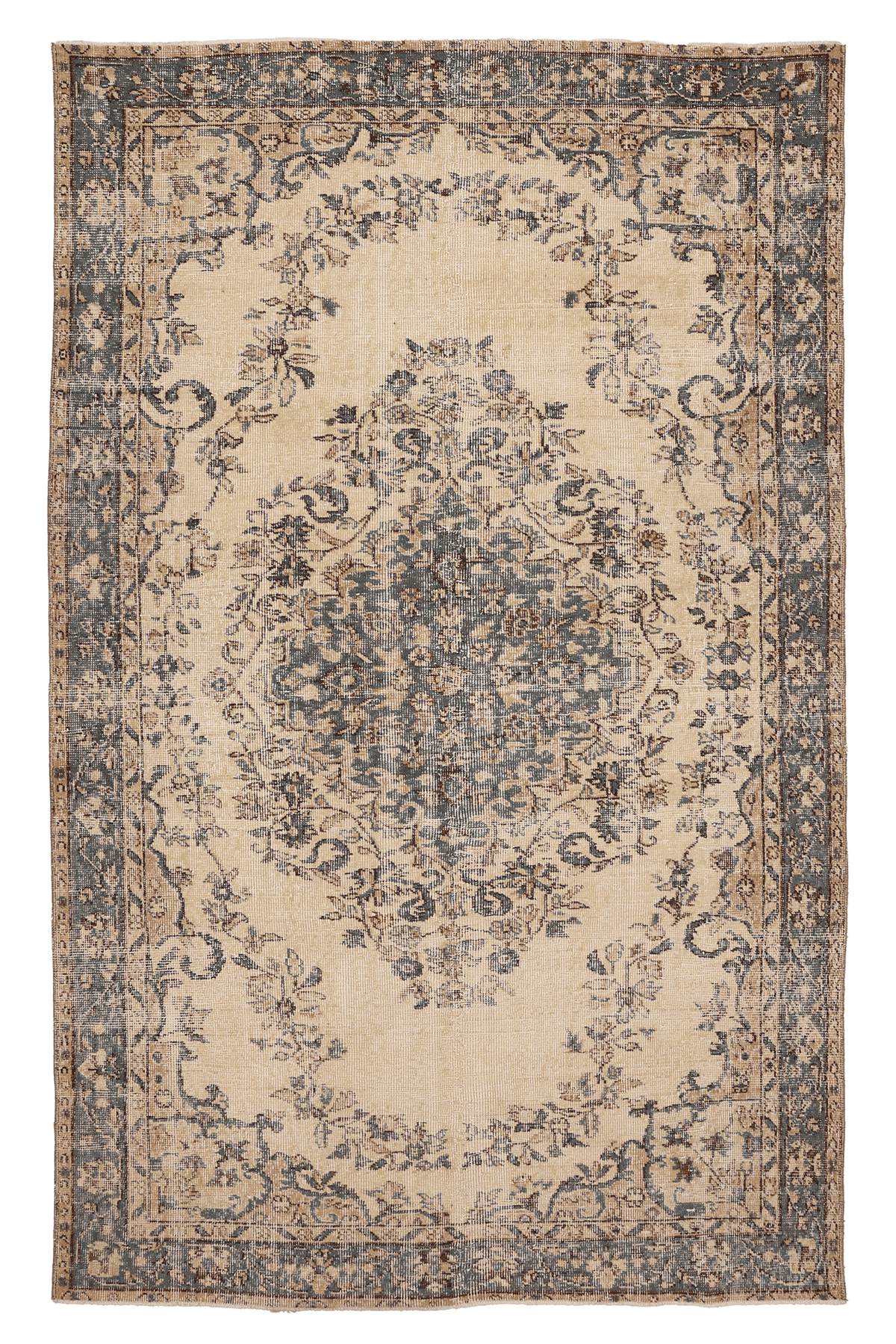 Vintage Isparta Turkish Area Rug 5x8 ft — Beige & Blue Floral (No. 40400)