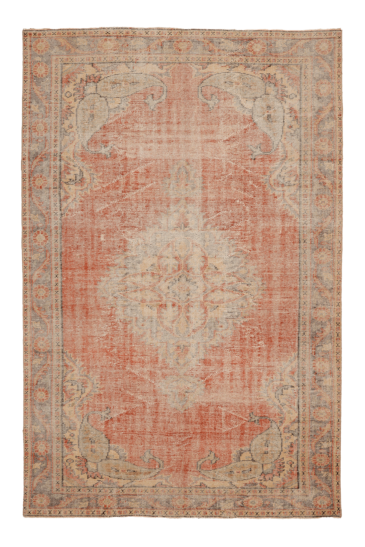 Vintage Manisa Turkish Area Rug 6x9 ft — Red & Beige Distressed (No. 40406)