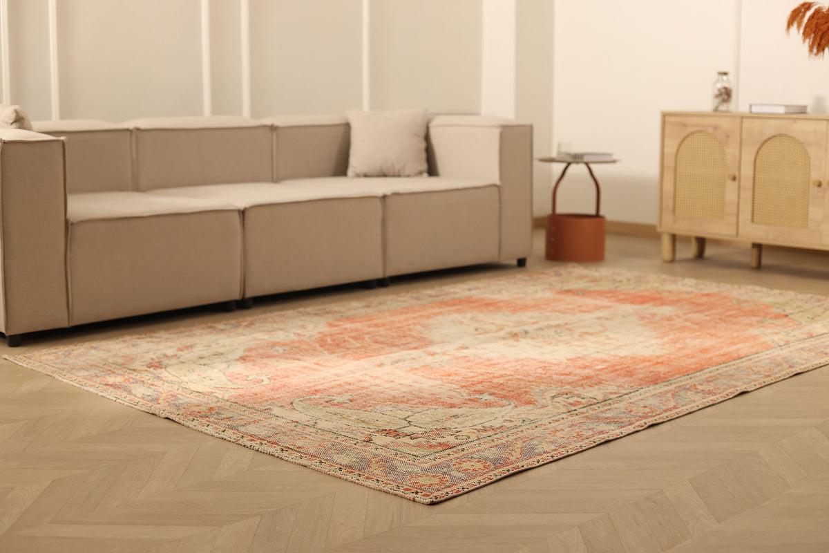 Vintage Manisa Turkish Area Rug 6x9 ft — Red & Beige Distressed (No. 40406)