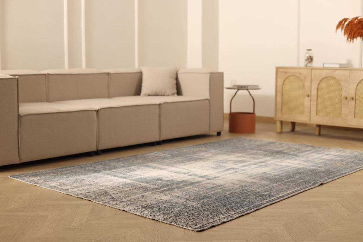 Vintage Manisa Turkish Area Rug 5x8 ft — Gray & Blue Distressed (No. 40410)