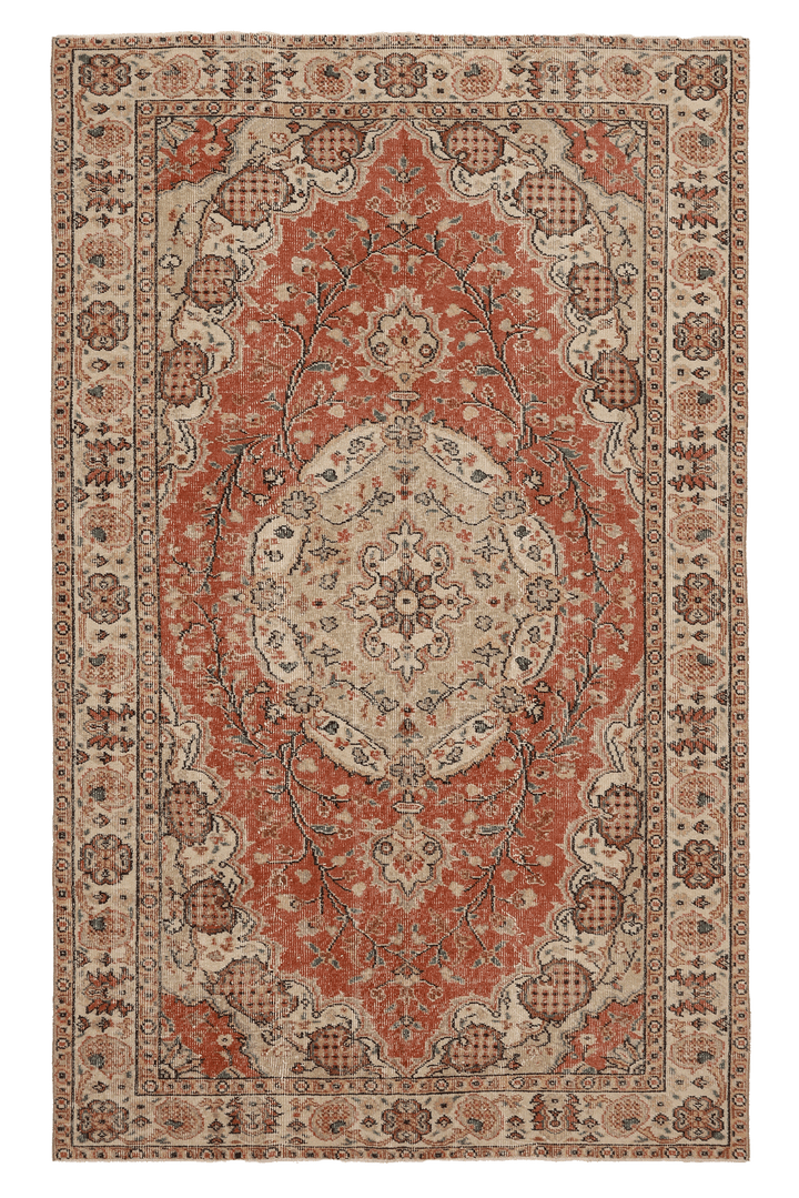Vintage Isparta Turkish Area Rug 5x8 ft — Red & Beige Floral (No. 40413)