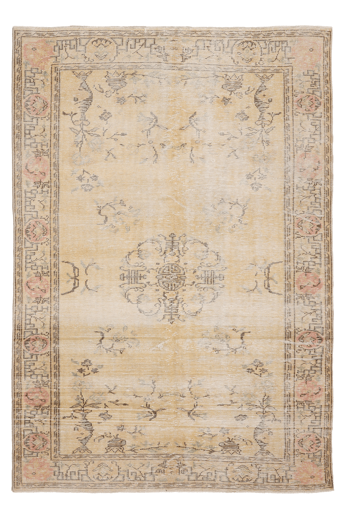 Vintage Manisa Turkish Area Rug 6x8 ft — Beige & Brown Floral (No. 40421)