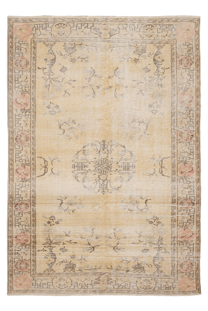 Vintage Manisa Turkish Area Rug 6x8 ft — Beige & Brown Floral (No. 40421)