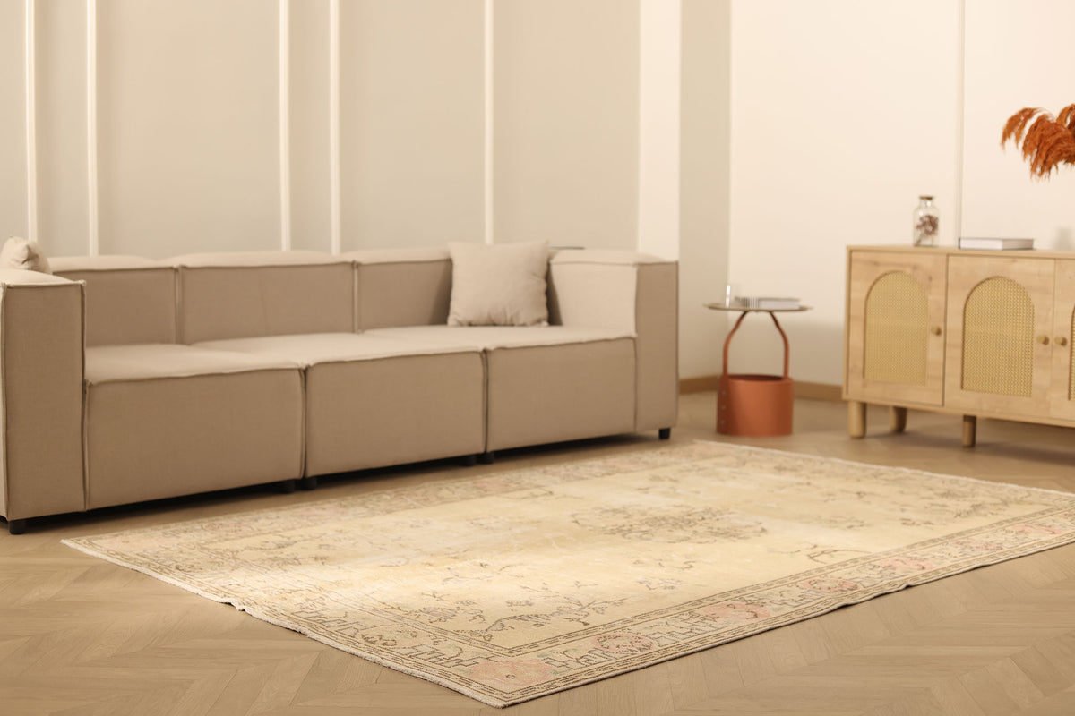 Vintage Manisa Turkish Area Rug 6x8 ft — Beige & Brown Floral (No. 40421)