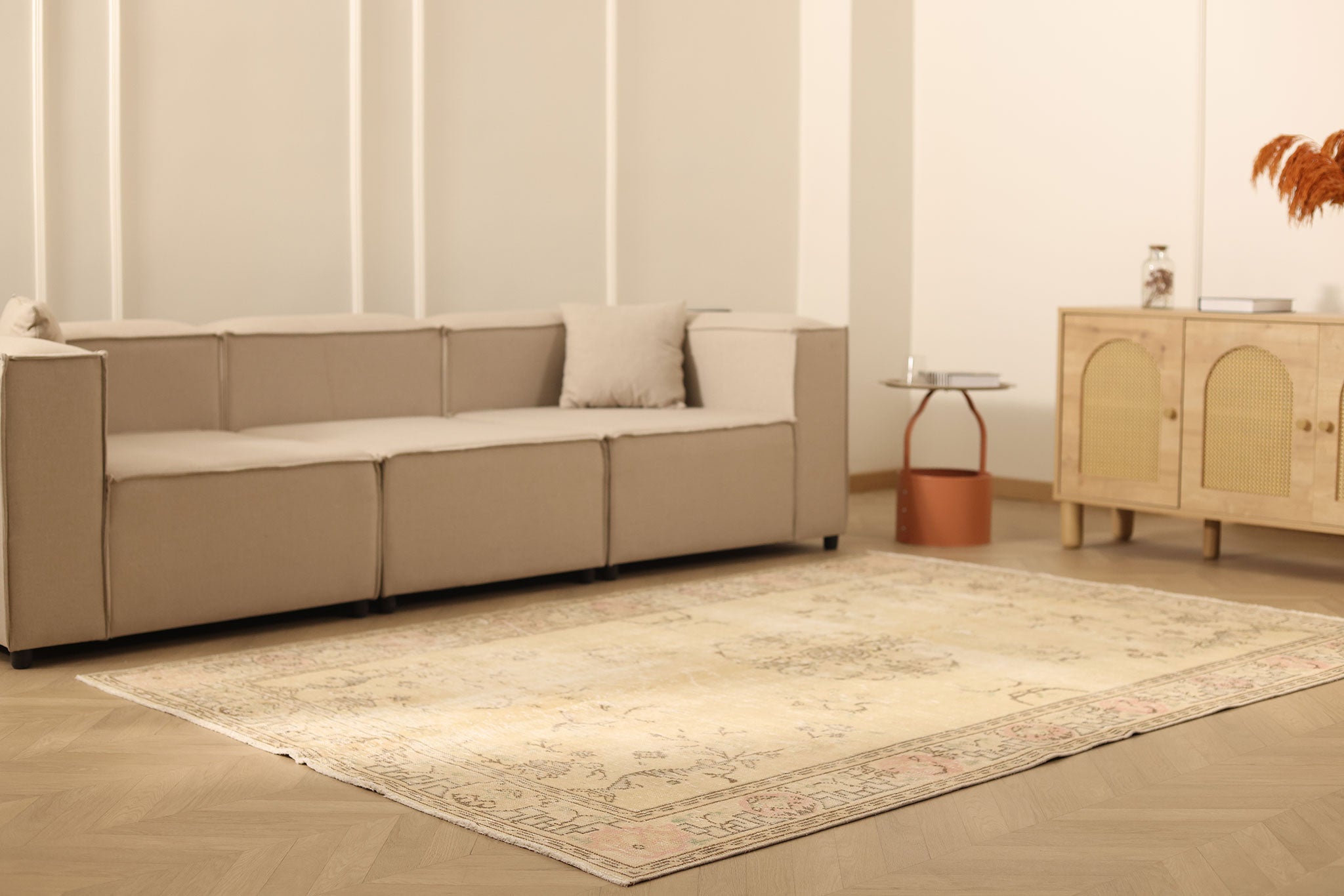 Vintage Manisa Turkish Area Rug 6x8 ft — Beige & Brown Floral (No. 40421)