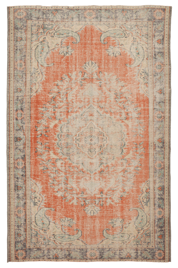 Vintage Manisa Turkish Area Rug 6x10 ft — Orange & Beige Floral