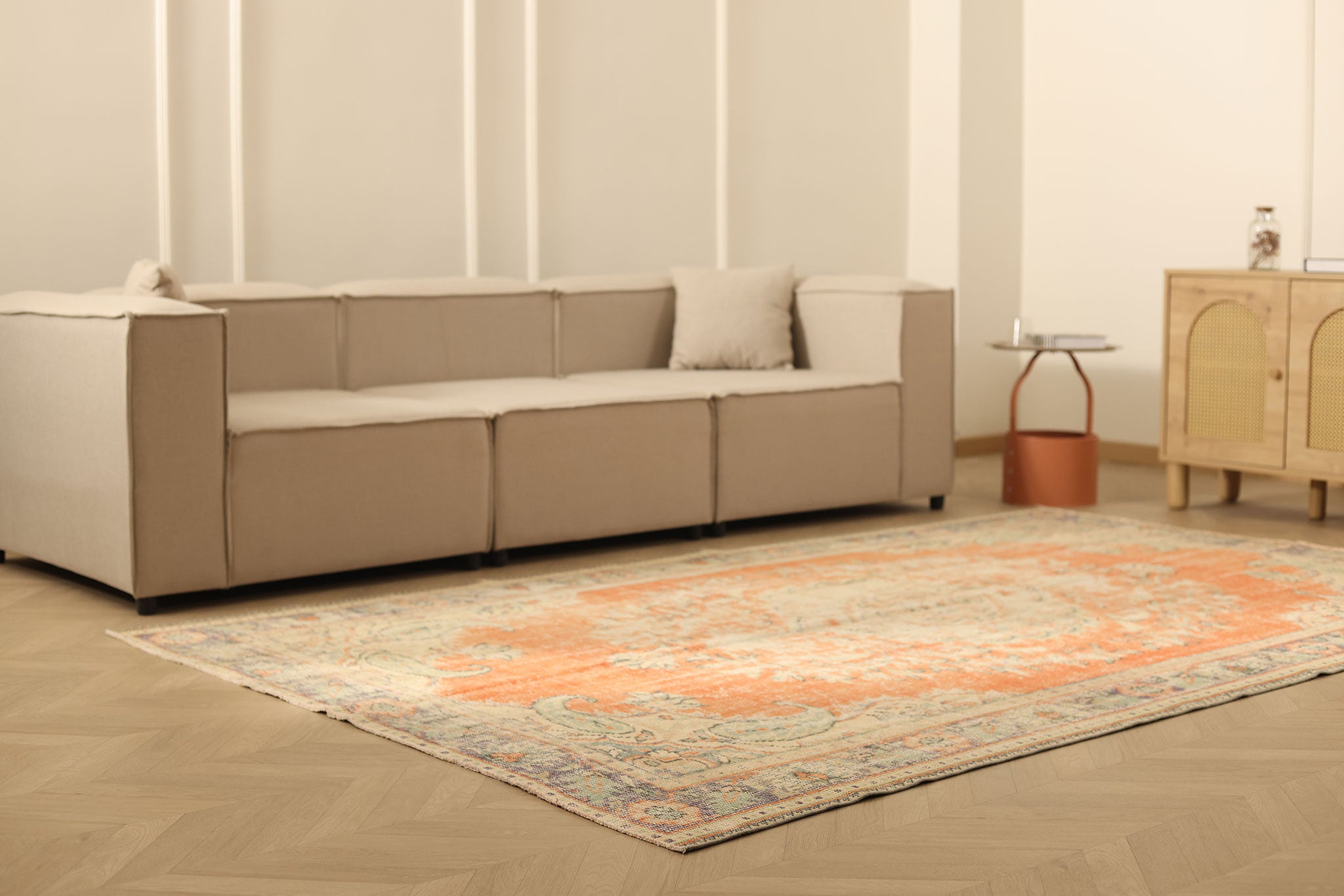 Vintage Manisa Turkish Area Rug 6x10 ft — Orange & Beige Floral