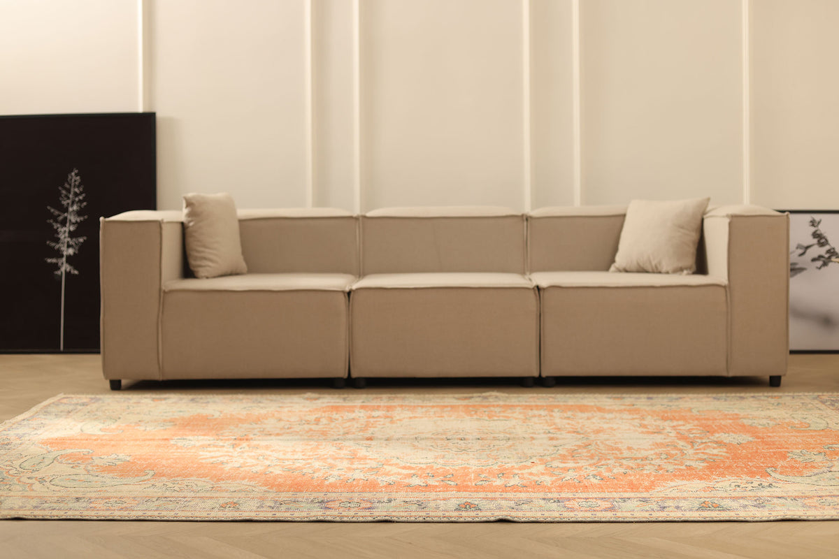 Vintage Manisa Turkish Area Rug 6x10 ft — Orange & Beige Floral