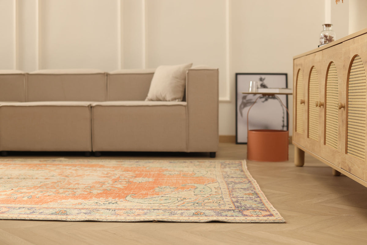 Vintage Manisa Turkish Area Rug 6x10 ft — Orange & Beige Floral