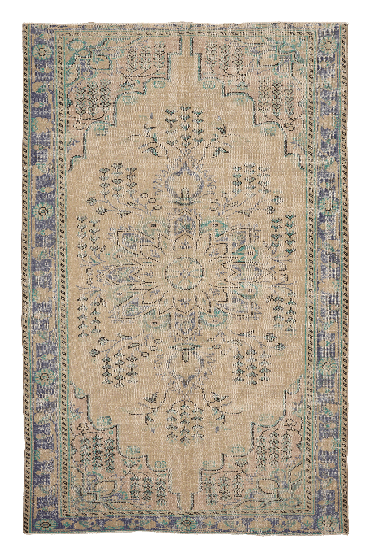 Vintage Manisa Turkish Area Rug 5x9 ft — Beige & Blue Floral (No. 40424)