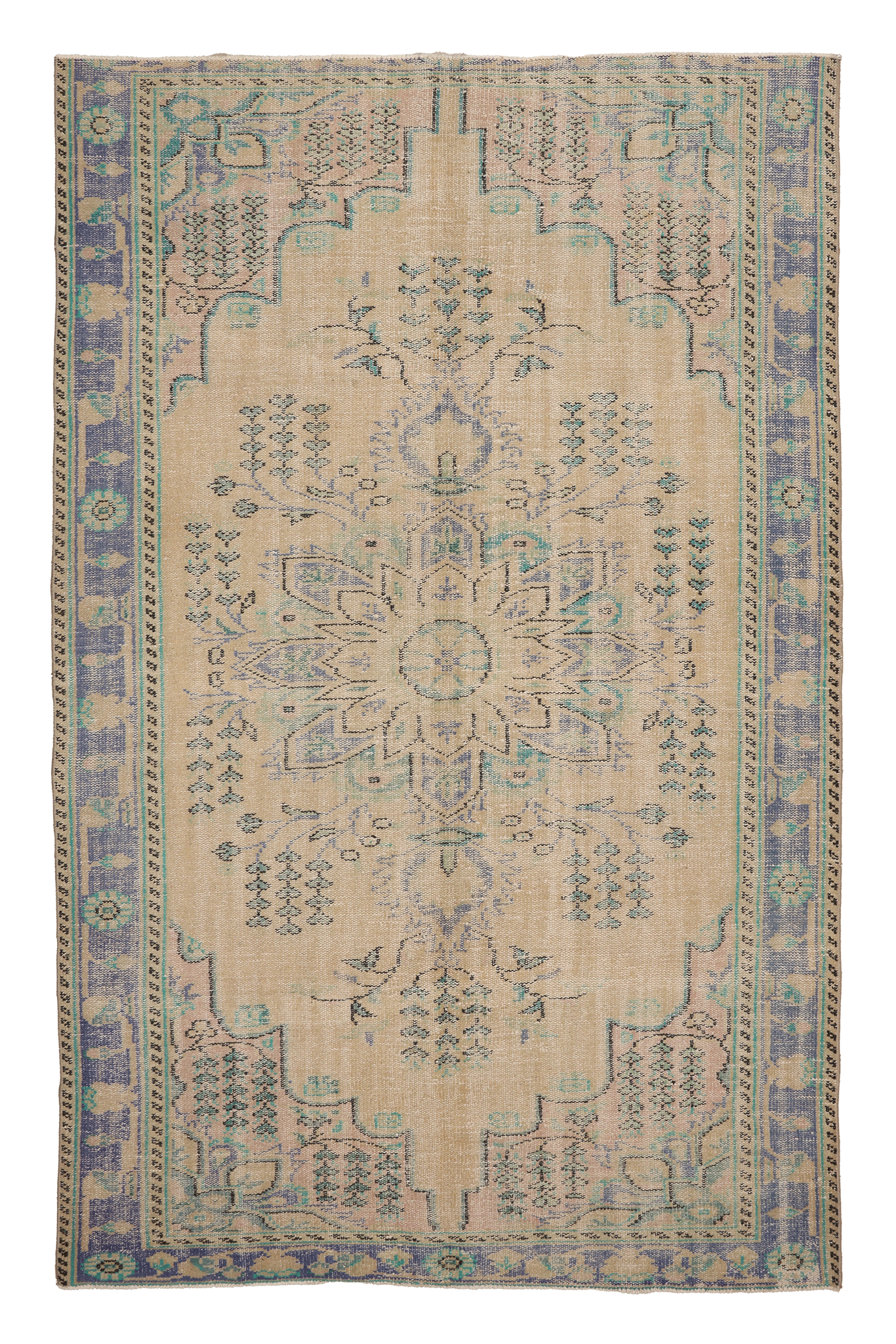 Vintage Manisa Turkish Area Rug 5x9 ft — Beige & Blue Floral (No. 40424)