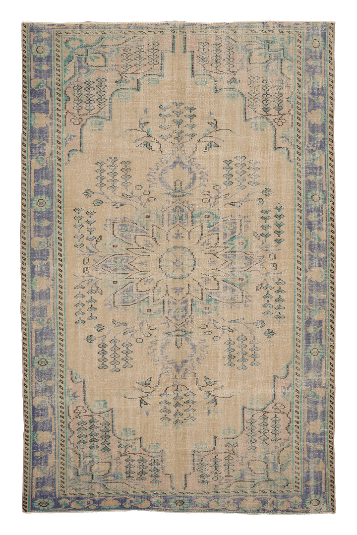 Vintage Manisa Turkish Area Rug 5x9 ft — Beige & Blue Floral (No. 40424)