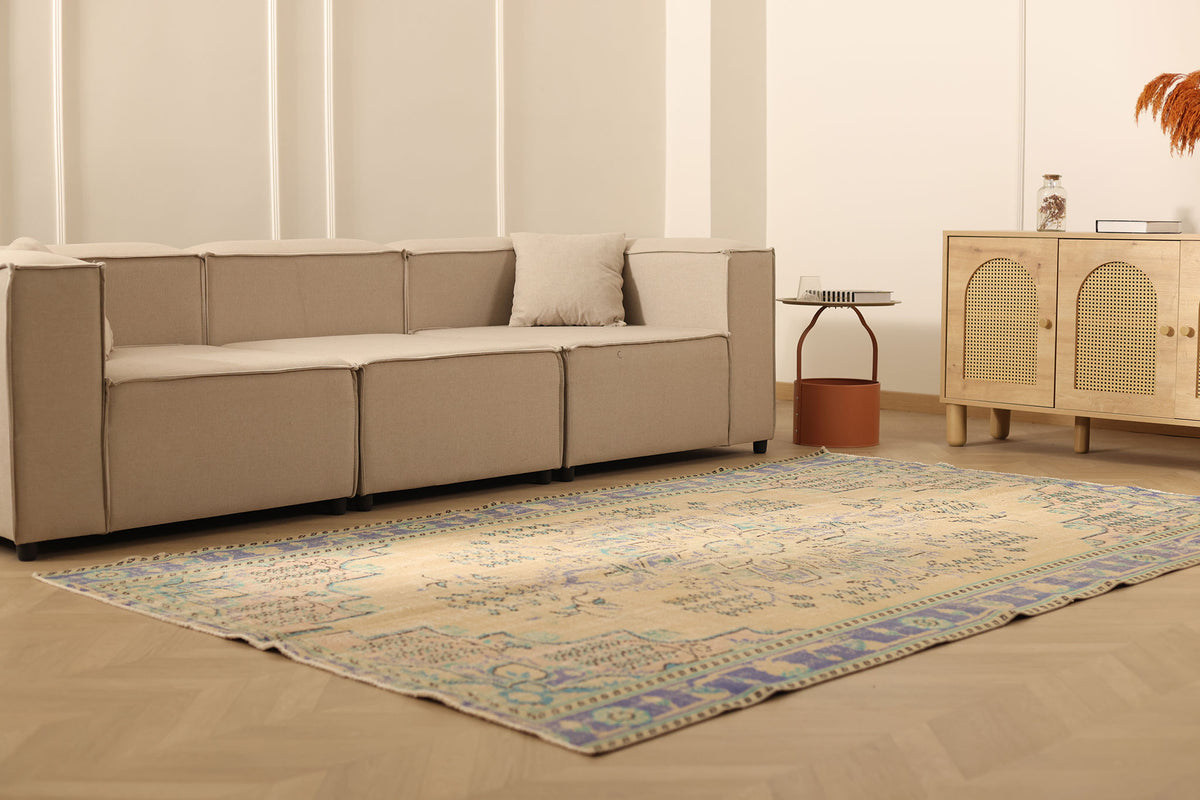 Vintage Manisa Turkish Area Rug 5x9 ft — Beige & Blue Floral (No. 40424)