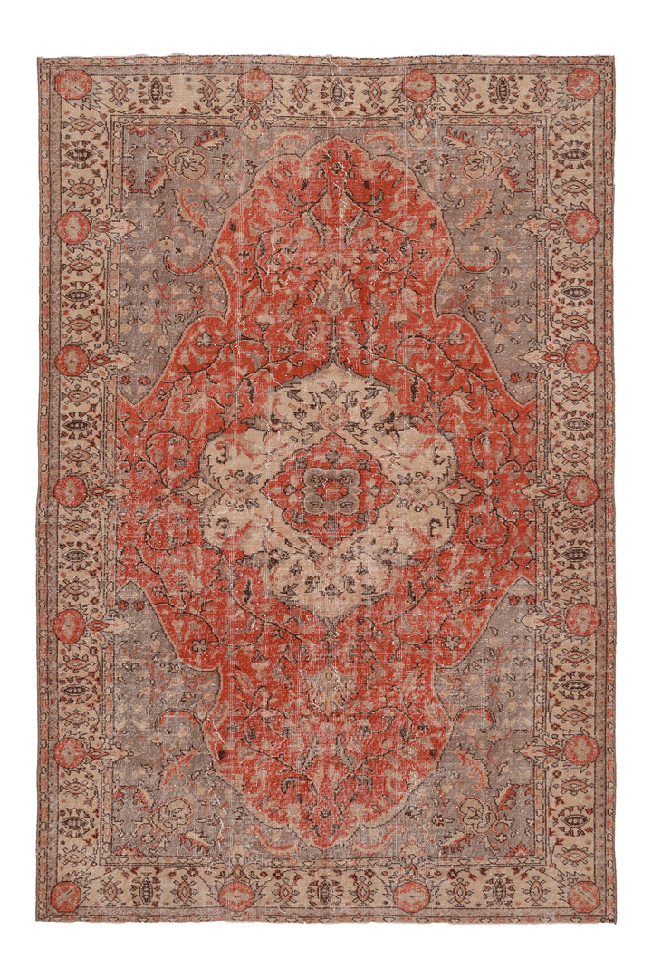 Vintage Isparta Turkish Area Rug 6x9 ft — Red & Beige Floral (No. 40428)