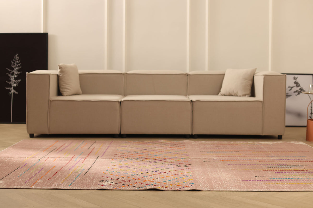 Vintage Isparta Turkish Area Rug 6x9 ft — Pink & Brown Geometric