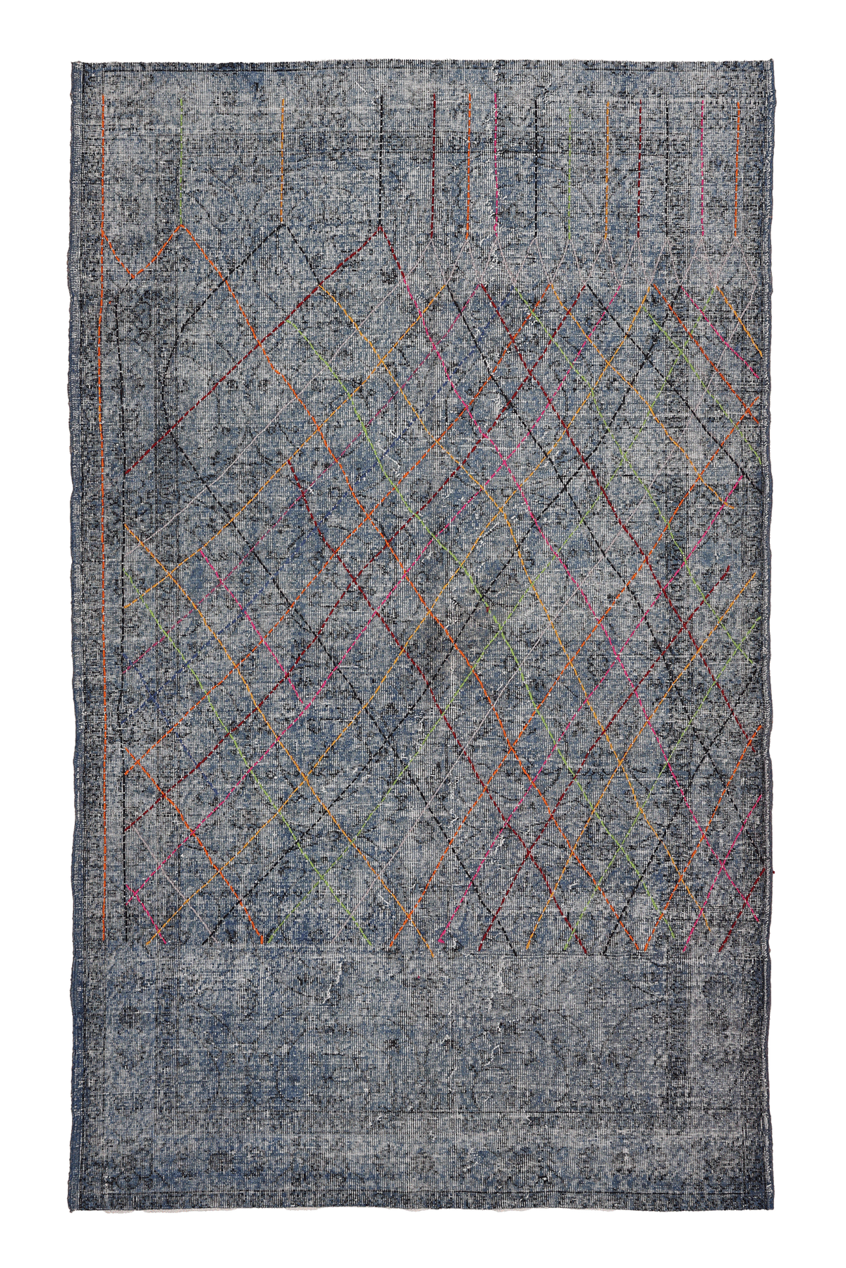 Vintage Isparta Turkish Area Rug 5x8 ft — Gray & Blue Geometric
