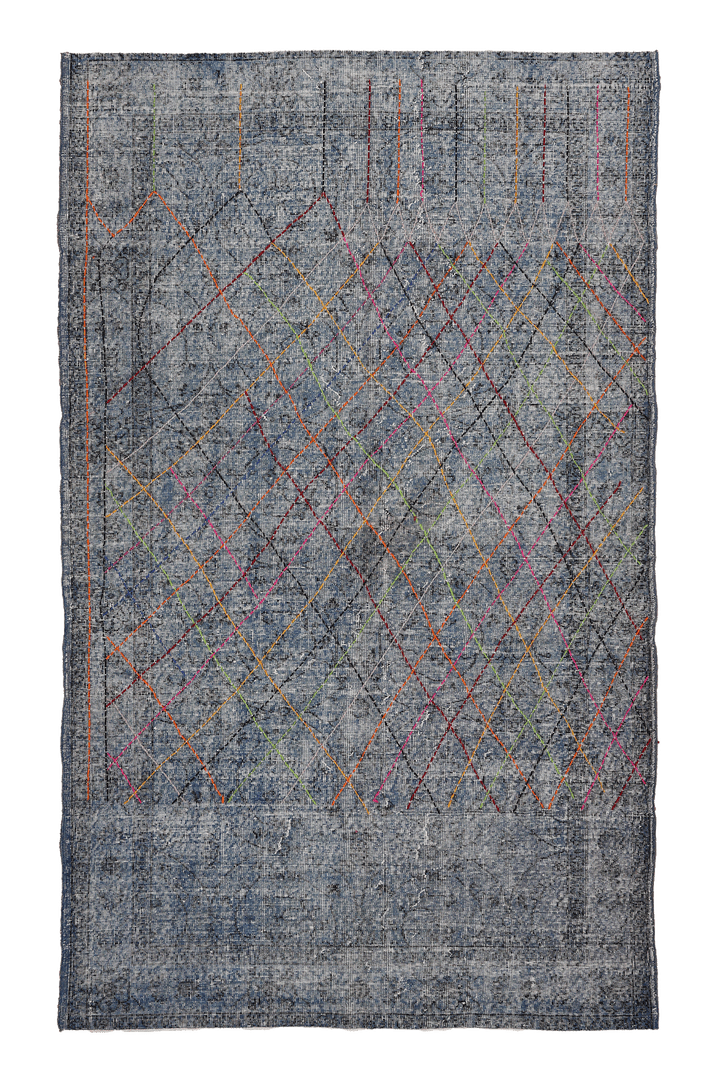 Vintage Isparta Turkish Area Rug 5x8 ft — Gray & Blue Geometric