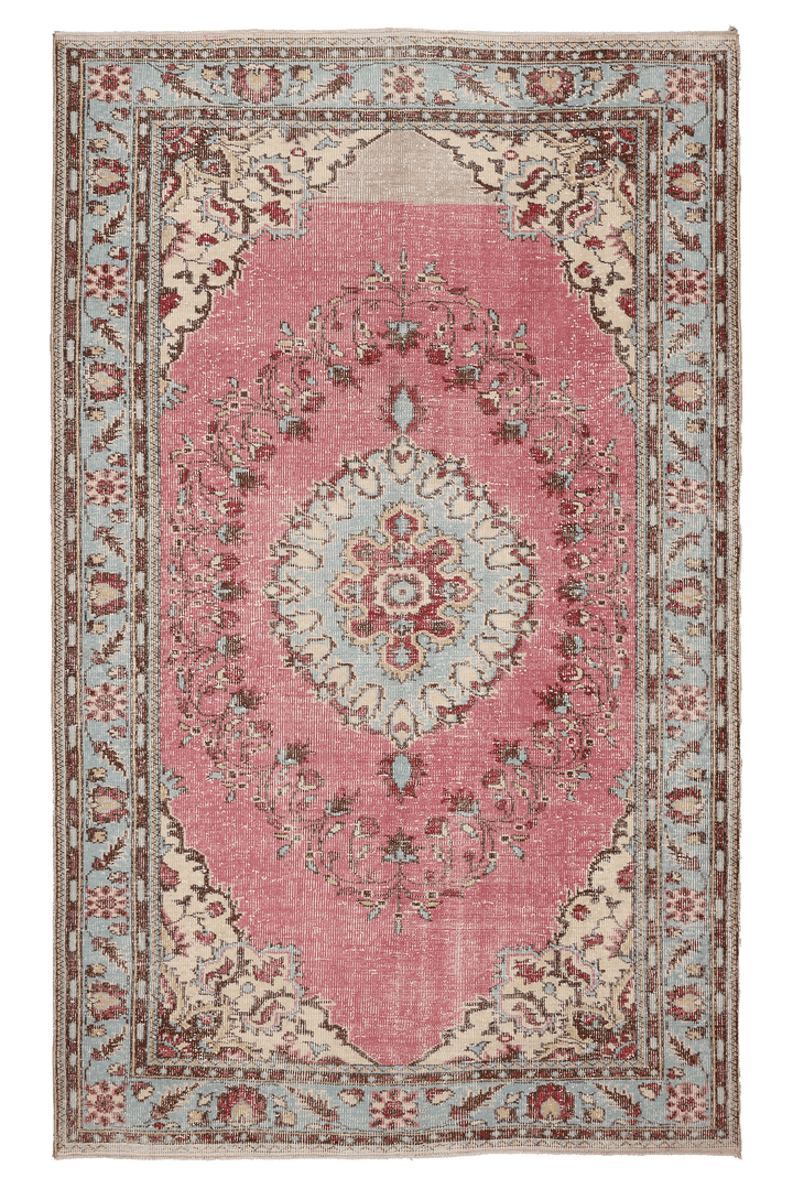 Vintage Isparta Turkish Area Rug 6x10 ft — Pink & Blue Floral