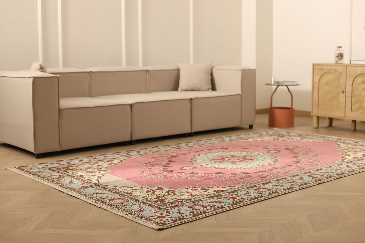 Vintage Isparta Turkish Area Rug 6x10 ft — Pink & Blue Floral
