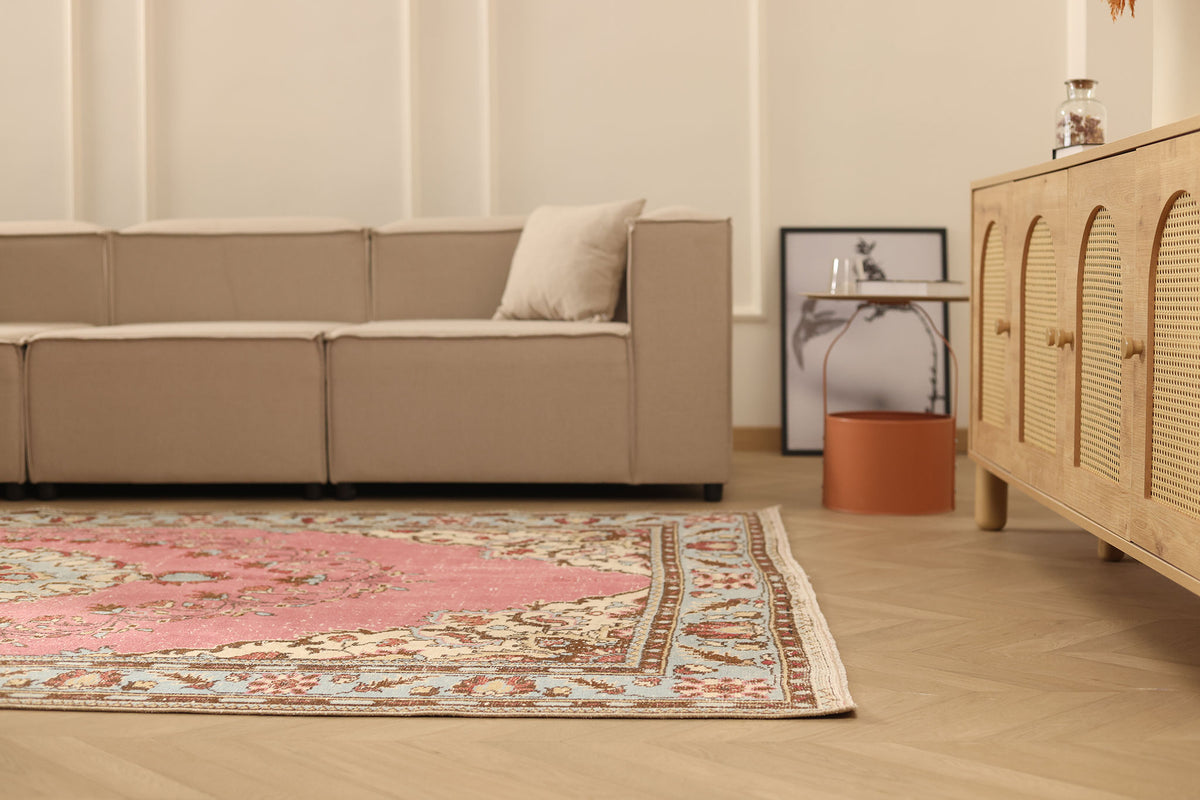 Vintage Isparta Turkish Area Rug 6x10 ft — Pink & Blue Floral