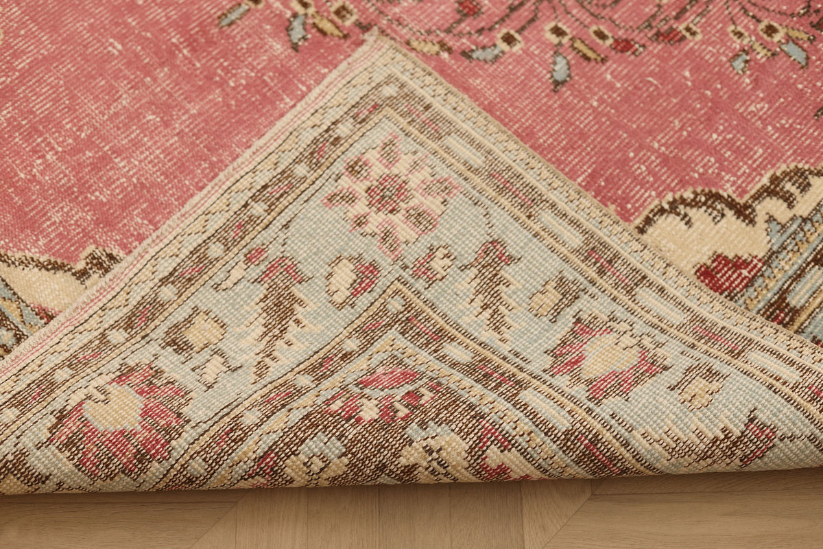 Vintage Isparta Turkish Area Rug 6x10 ft — Pink & Blue Floral