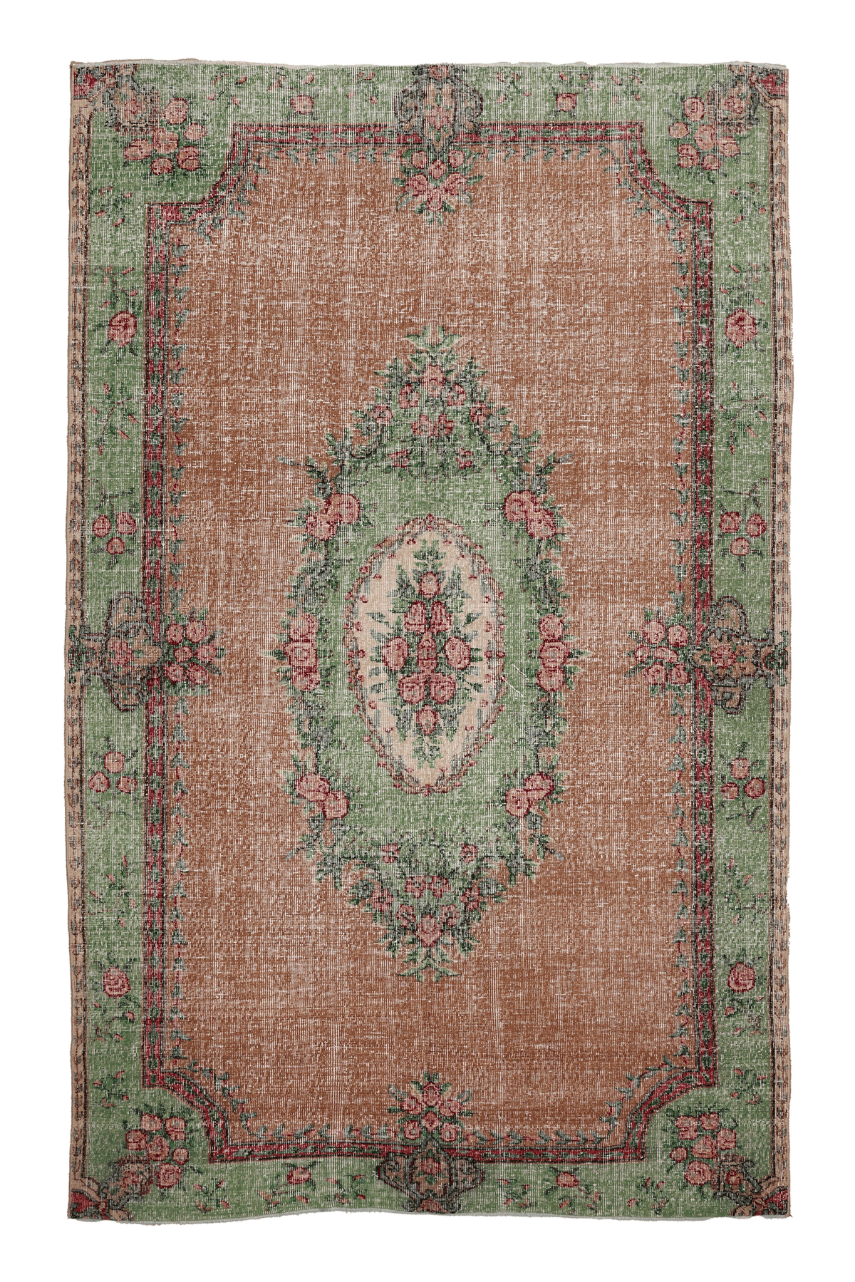 Vintage Isparta Turkish Area Rug 6x9 ft — Brown & Green Floral