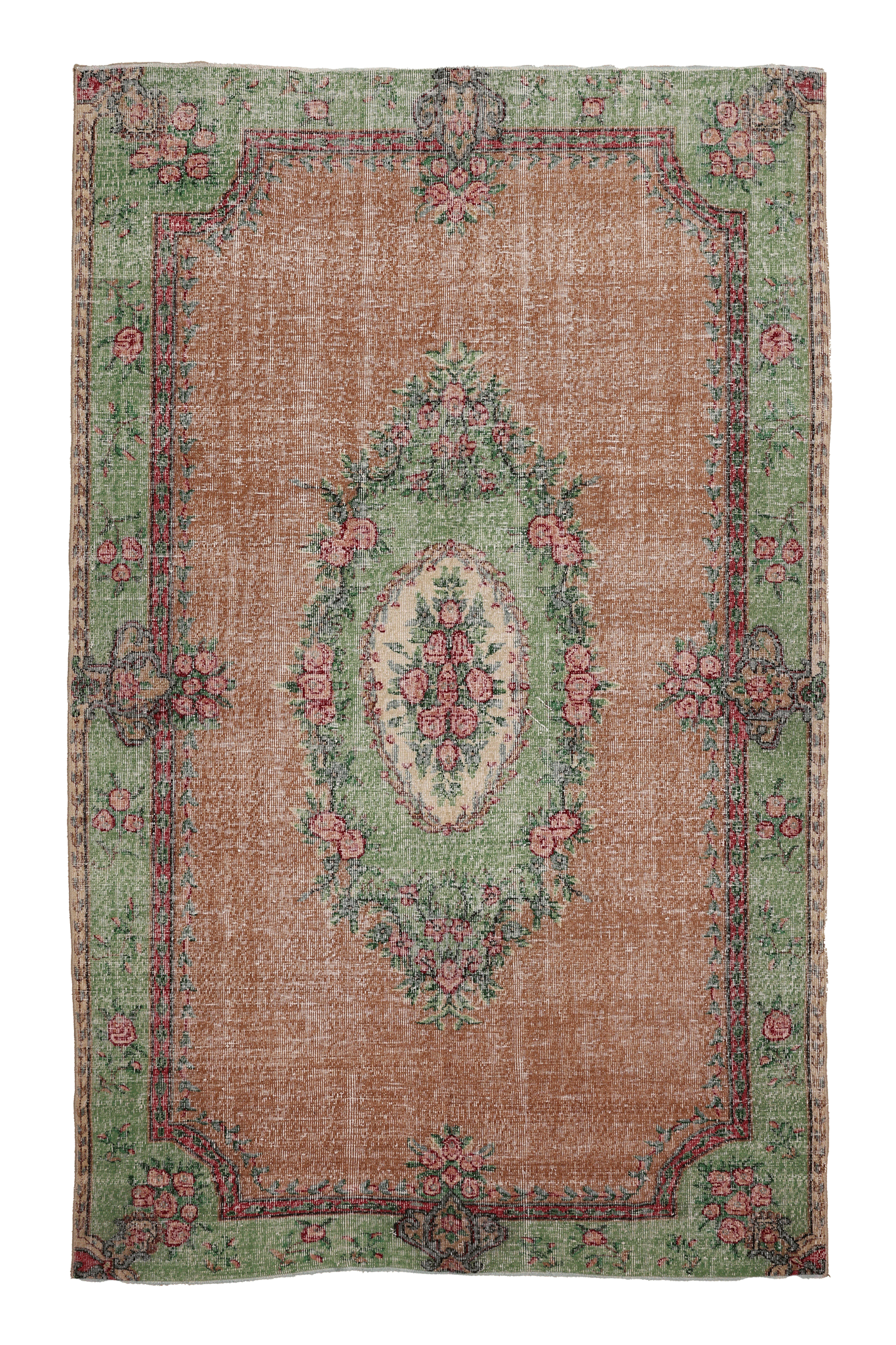 Vintage Isparta Turkish Area Rug 6x9 ft — Brown & Green Floral