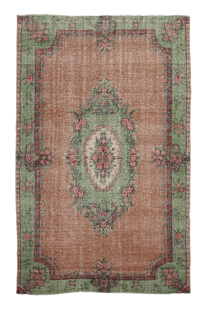 Vintage Isparta Turkish Area Rug 6x9 ft — Brown & Green Floral