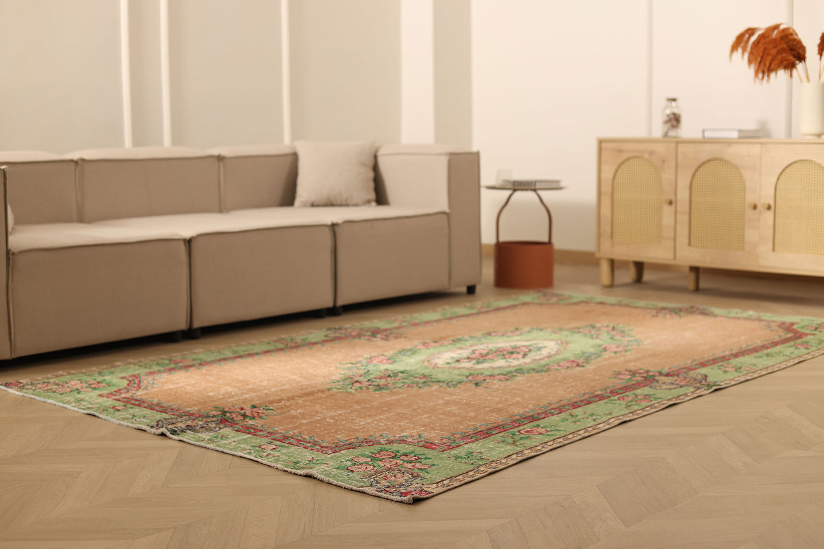 Vintage Isparta Turkish Area Rug 6x9 ft — Brown & Green Floral