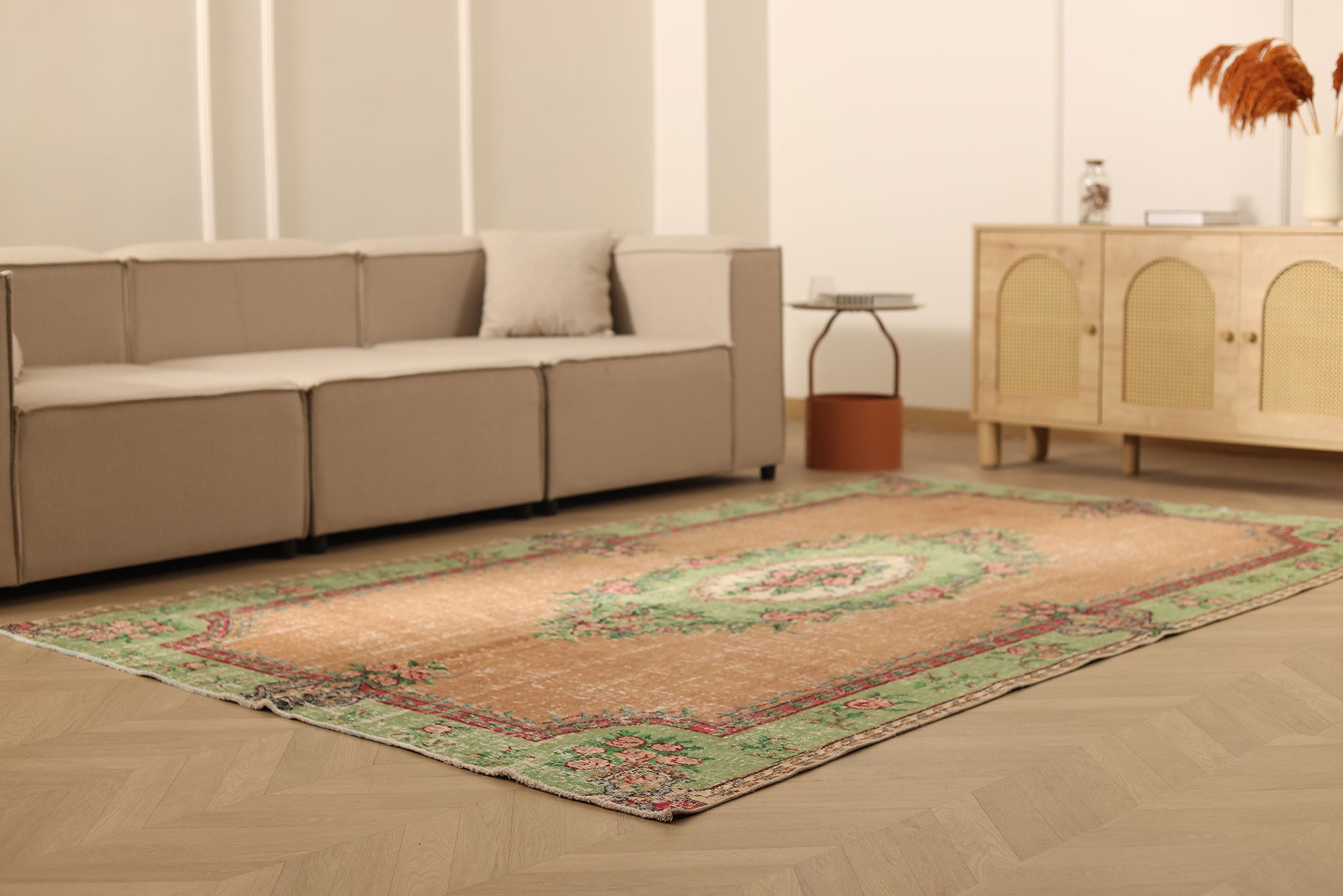 Vintage Isparta Turkish Area Rug 6x9 ft — Brown & Green Floral
