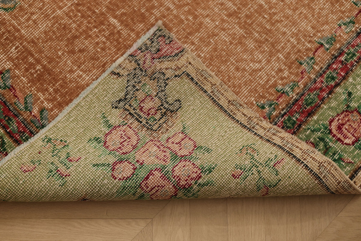 Vintage Isparta Turkish Area Rug 6x9 ft — Brown & Green Floral