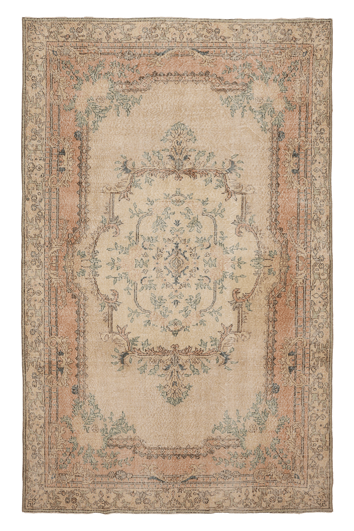 Vintage Isparta Turkish Area Rug 6x10 ft — Beige & Orange Floral