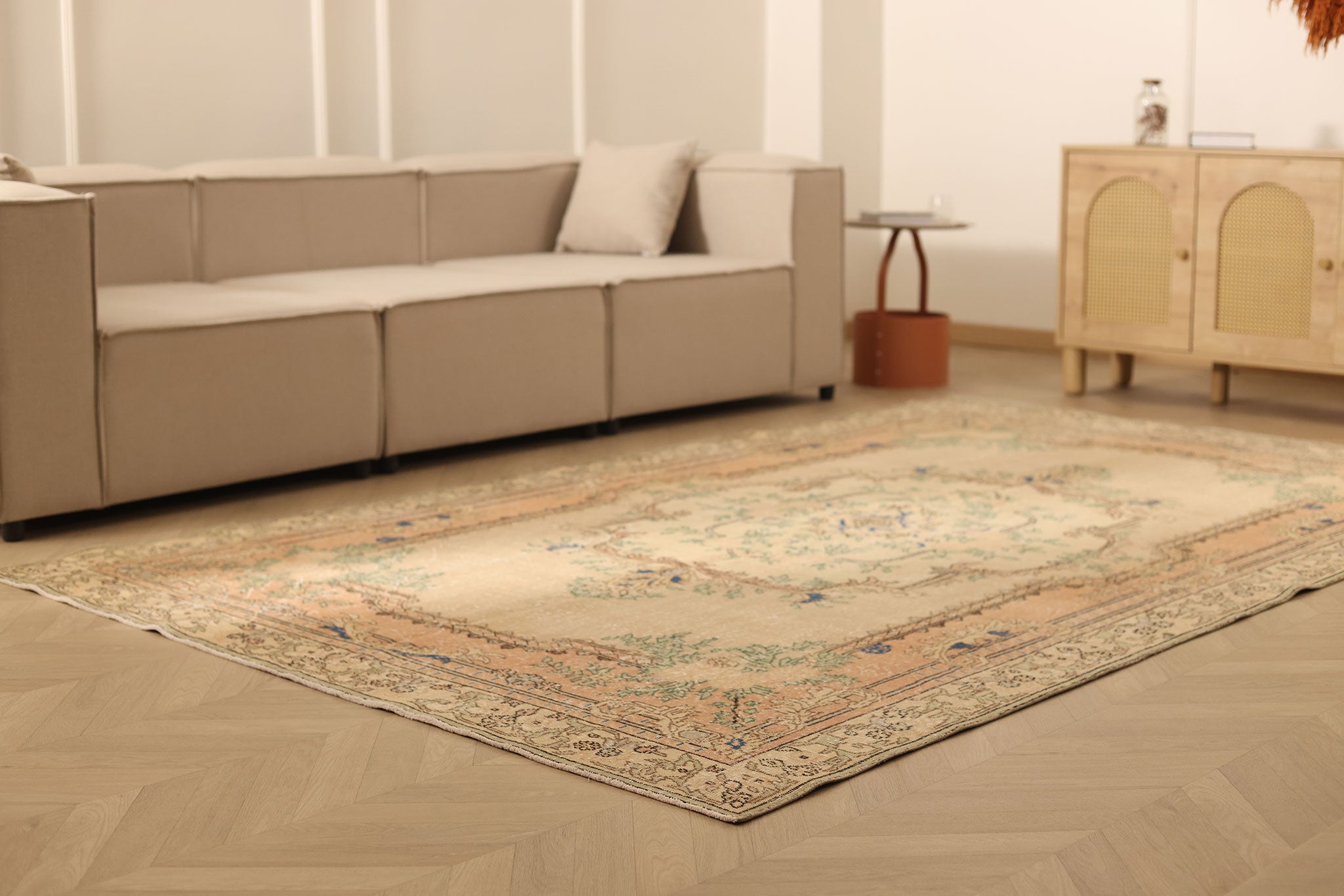 Vintage Isparta Turkish Area Rug 6x10 ft — Beige & Orange Floral