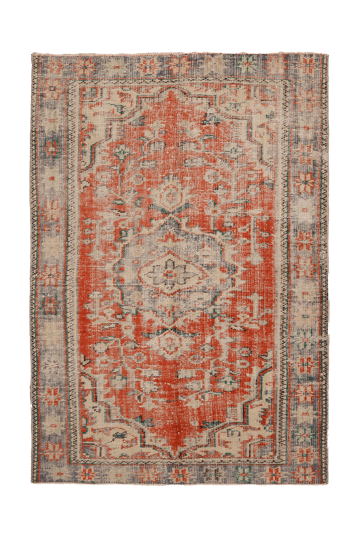 Vintage Manisa Turkish Area Rug 5x7 ft — Red & Beige Geometric