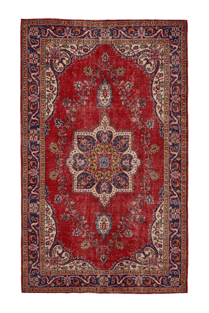 Vintage Isparta Turkish Area Rug 5x9 ft — Red & Blue Floral (No. 40457)