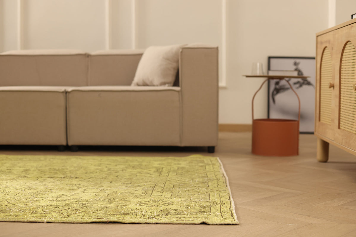 Vintage Isparta Turkish Area Rug 5x8 ft — Green & Yellow Overdyed