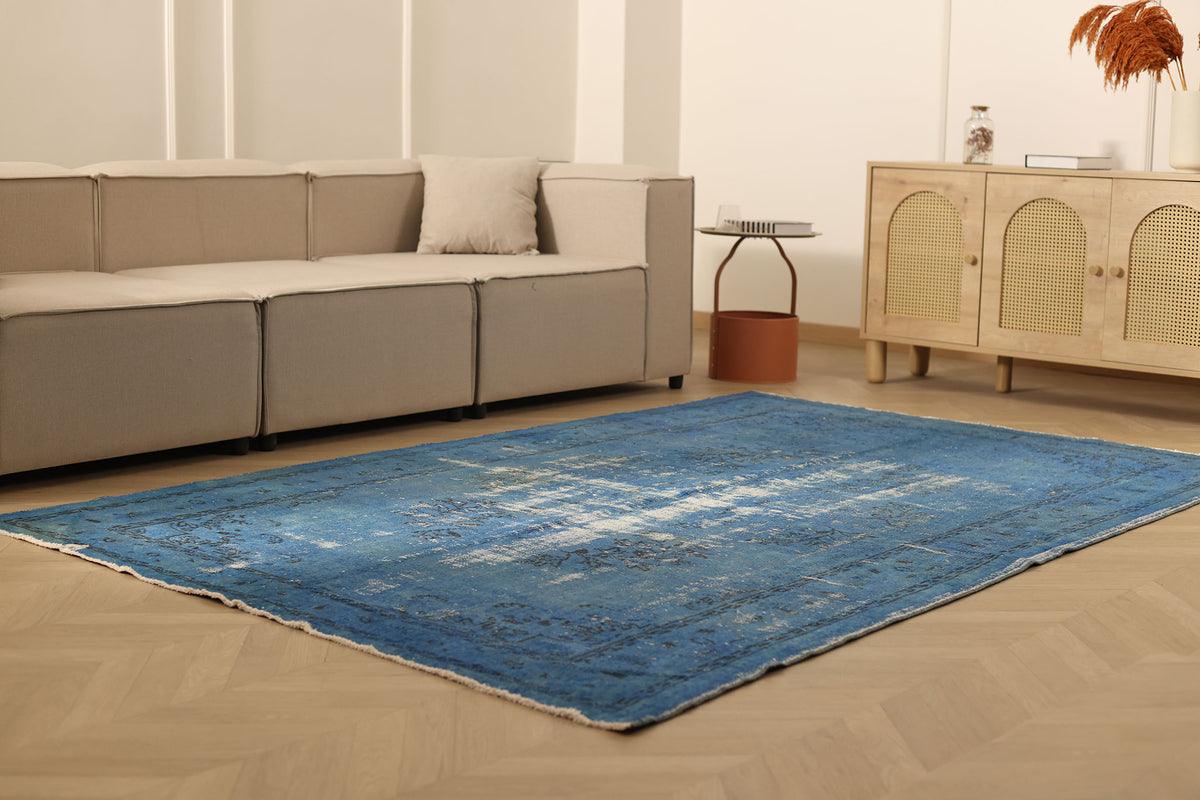 Vintage Manisa Turkish Area Rug 5x9 ft — Blue Overdyed