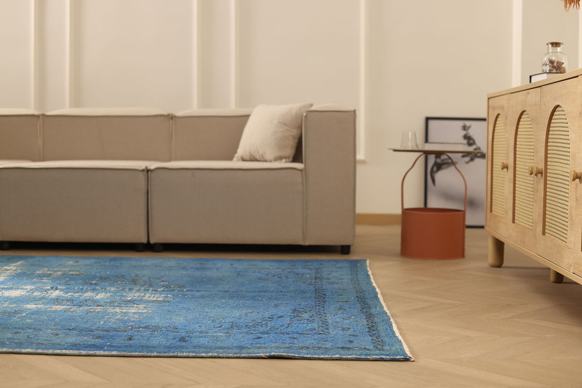 Vintage Manisa Turkish Area Rug 5x9 ft — Blue Overdyed